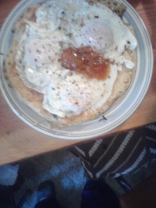FOOD 3 poached eggs on pancake w Peach Jam